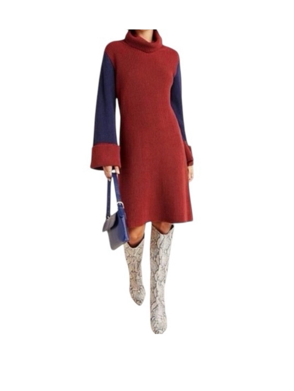 Anthropologie Red Body Navy Sleeve Ribbed Turtleneck Dress